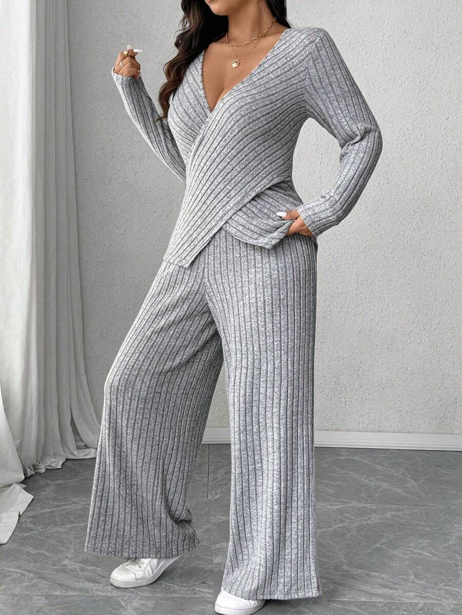 Calvaya Plus Size Soft Knit Fleece Ribbed Fabric Wrap Long Sleeve T-Shirt + Soft Fleece Ribbed Wide Leg Pants Casual Home 2 Pieces Set Fall Cloth For Women