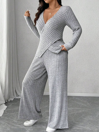 Calvaya Plus Size Soft Knit Fleece Ribbed Fabric Wrap Long Sleeve T-Shirt + Soft Fleece Ribbed Wide Leg Pants Casual Home 2 Pieces Set Fall Cloth For Women