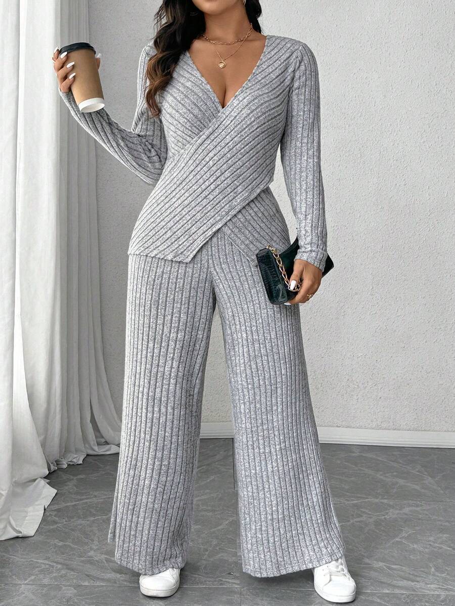 Calvaya Plus Size Soft Knit Fleece Ribbed Fabric Wrap Long Sleeve T-Shirt + Soft Fleece Ribbed Wide Leg Pants Casual Home 2 Pieces Set Fall Cloth For Women