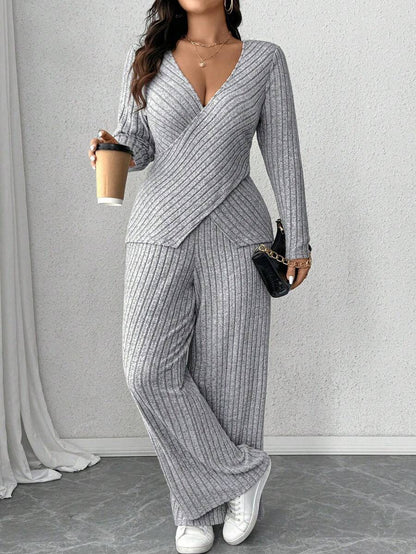 Calvaya Plus Size Soft Knit Fleece Ribbed Fabric Wrap Long Sleeve T-Shirt + Soft Fleece Ribbed Wide Leg Pants Casual Home 2 Pieces Set Fall Cloth For Women