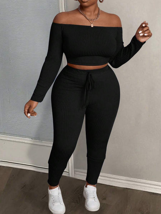 Slaydiva Plus Size Blue Solid Color Off Shoulder Cropped Top And Fitted Legging 2 Pieces Set, Texture Ribbed Fabric For Casual & Athleisure, Spring & Autumn