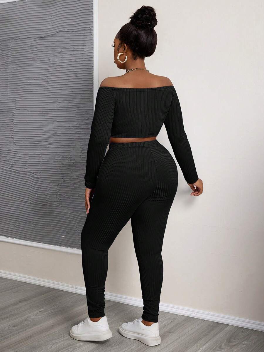 Slaydiva Plus Size Blue Solid Color Off Shoulder Cropped Top And Fitted Legging 2 Pieces Set, Texture Ribbed Fabric For Casual & Athleisure, Spring & Autumn