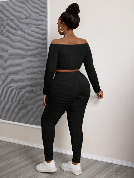 Slaydiva Plus Size Blue Solid Color Off Shoulder Cropped Top And Fitted Legging 2 Pieces Set, Texture Ribbed Fabric For Casual & Athleisure, Spring & Autumn