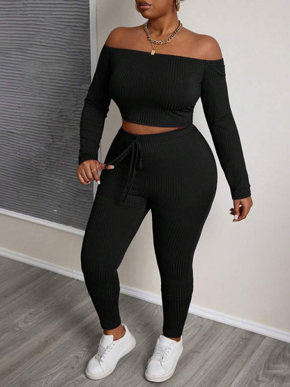 Slaydiva Plus Size Blue Solid Color Off Shoulder Cropped Top And Fitted Legging 2 Pieces Set, Texture Ribbed Fabric For Casual & Athleisure, Spring & Autumn