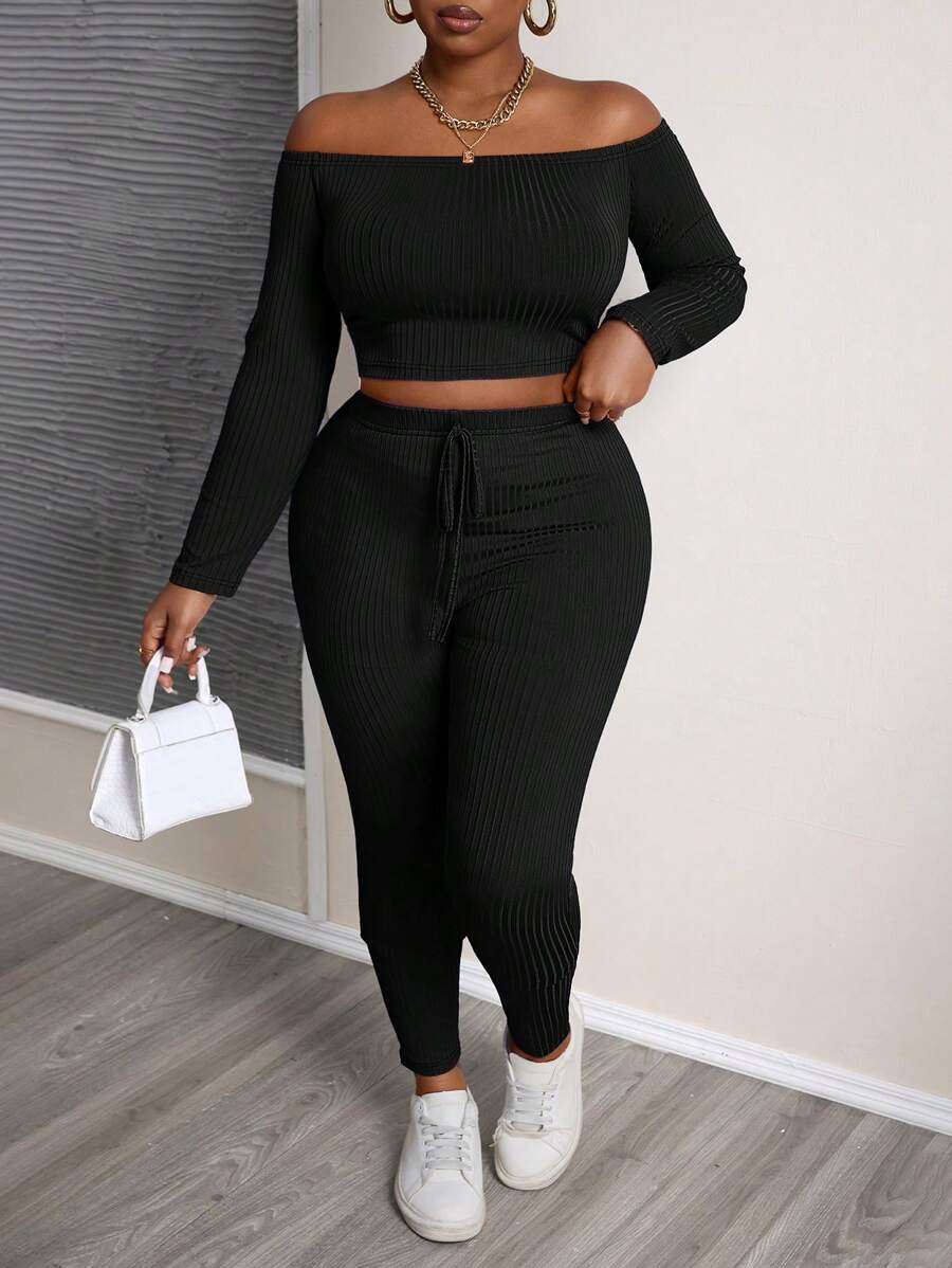 Slaydiva Plus Size Blue Solid Color Off Shoulder Cropped Top And Fitted Legging 2 Pieces Set, Texture Ribbed Fabric For Casual & Athleisure, Spring & Autumn