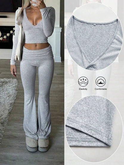 NOIRLYN Women's Autumn/Winter Y2K Casual 2 Pieces Set Sexy Solid Color V-Neck Long Sleeve T-Shirt + High Waist Slim Fit Flare Pants Elegant