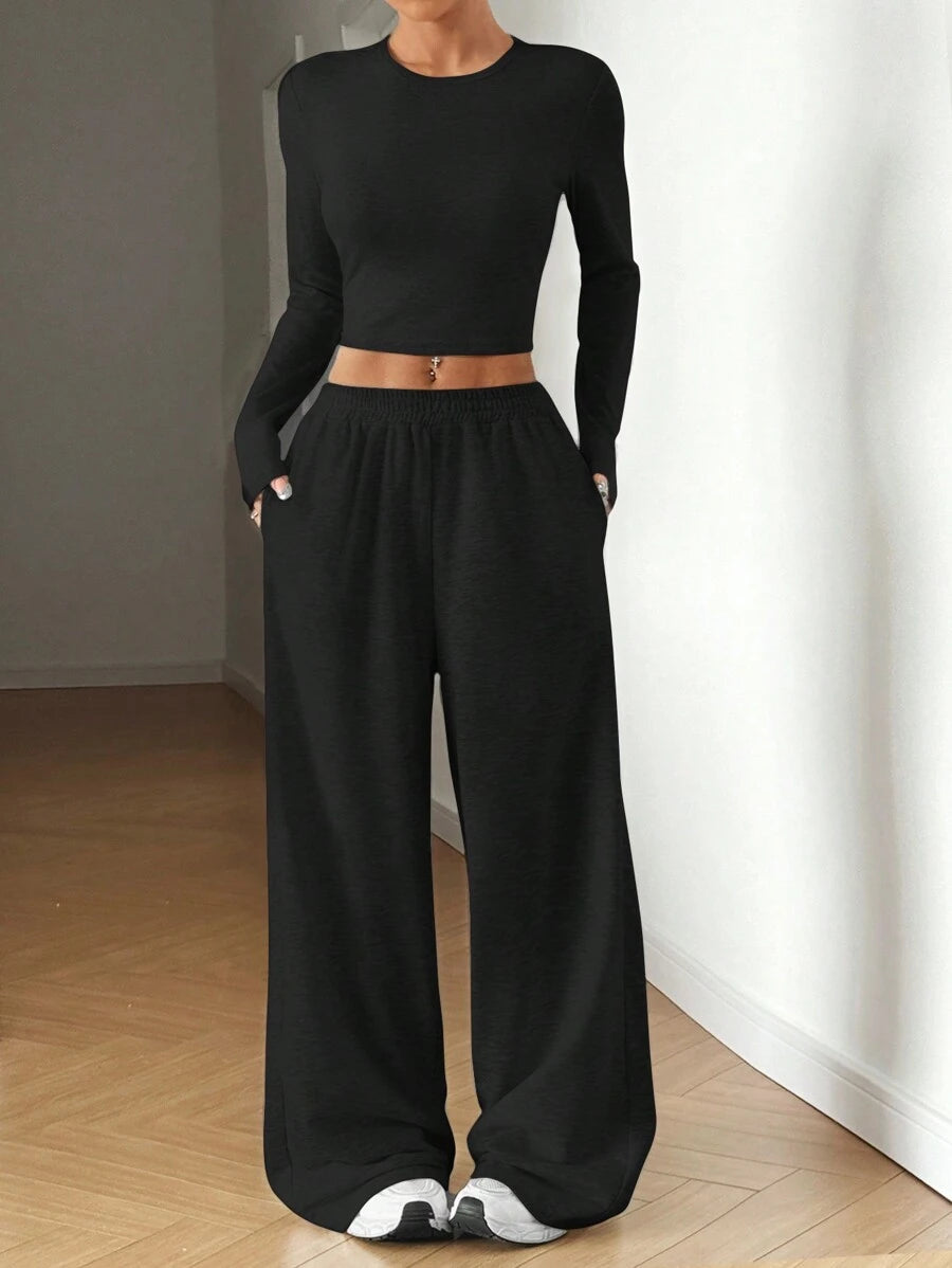 SHEIN EZwear Beige Knitted Women's Crew Neck Long Sleeve T-Shirt And Pants Set Lounge Travel Autumn Casual