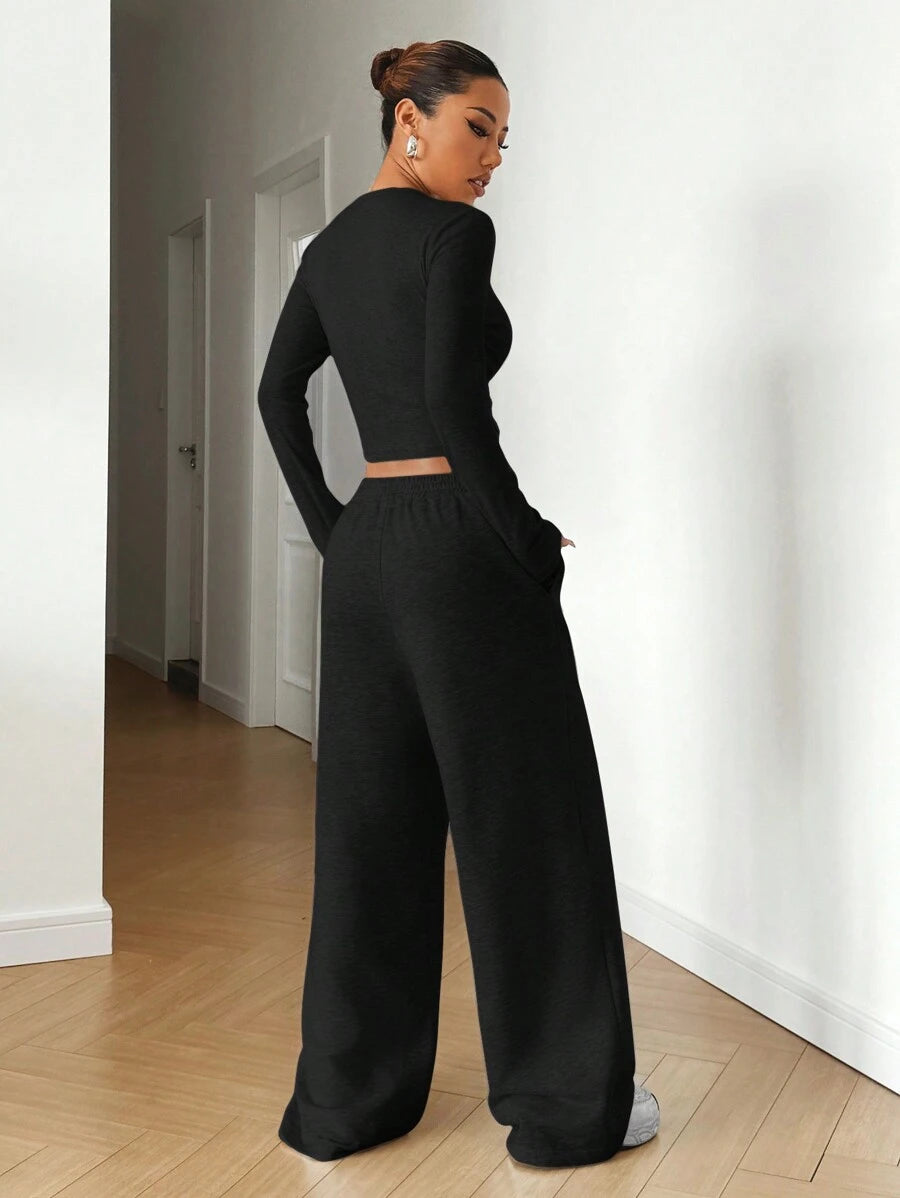 SHEIN EZwear Beige Knitted Women's Crew Neck Long Sleeve T-Shirt And Pants Set Lounge Travel Autumn Casual