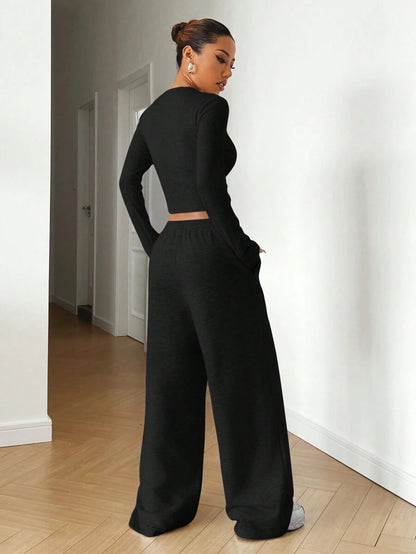 SHEIN EZwear Beige Knitted Women's Crew Neck Long Sleeve T-Shirt And Pants Set Lounge Travel Autumn Casual