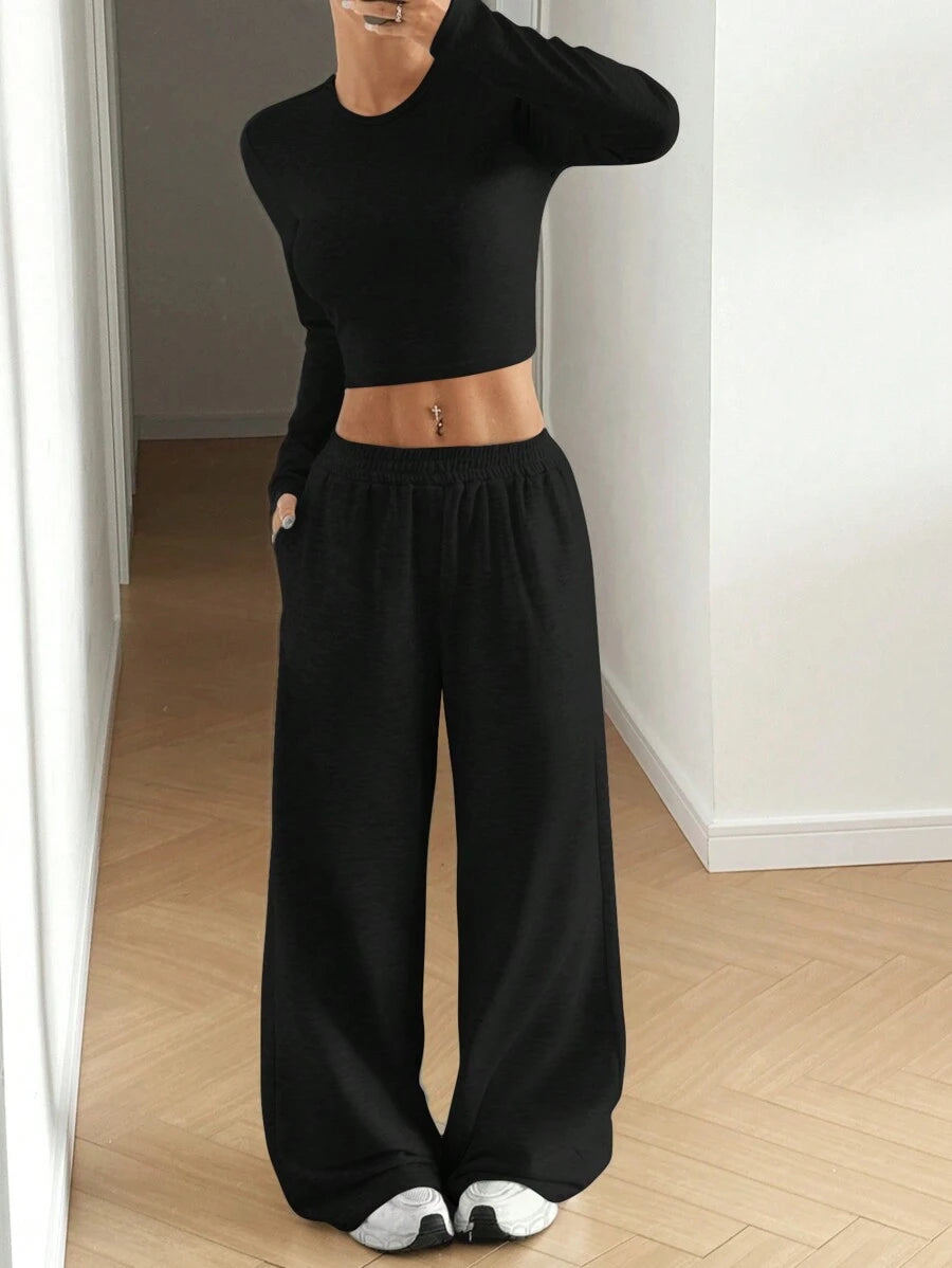 SHEIN EZwear Beige Knitted Women's Crew Neck Long Sleeve T-Shirt And Pants Set Lounge Travel Autumn Casual