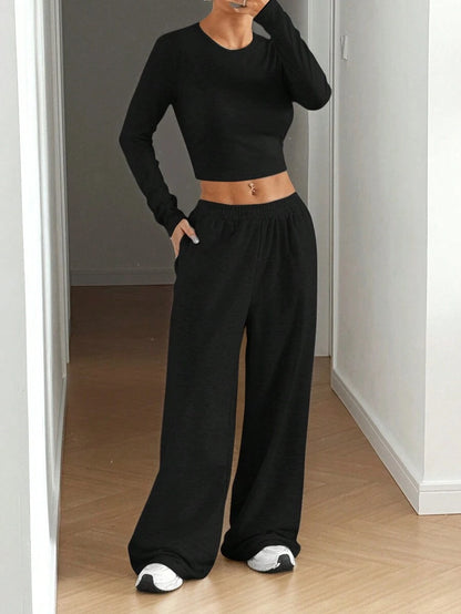 SHEIN EZwear Beige Knitted Women's Crew Neck Long Sleeve T-Shirt And Pants Set Lounge Travel Autumn Casual