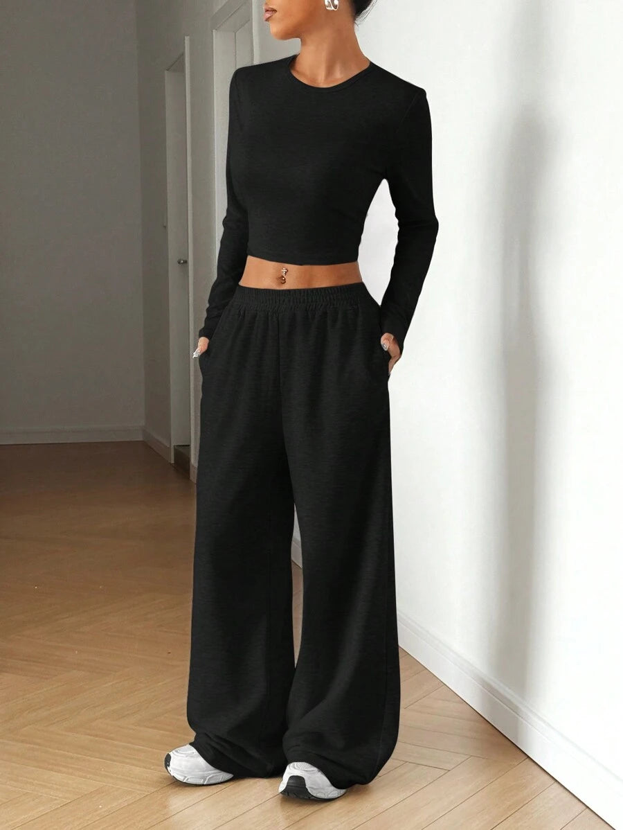 SHEIN EZwear Beige Knitted Women's Crew Neck Long Sleeve T-Shirt And Pants Set Lounge Travel Autumn Casual