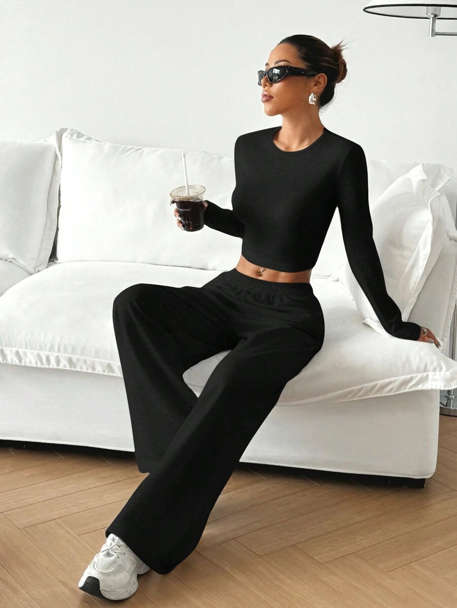 SHEIN EZwear Beige Knitted Women's Crew Neck Long Sleeve T-Shirt And Pants Set Lounge Travel Autumn Casual