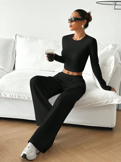 SHEIN EZwear Beige Knitted Women's Crew Neck Long Sleeve T-Shirt And Pants Set Lounge Travel Autumn Casual