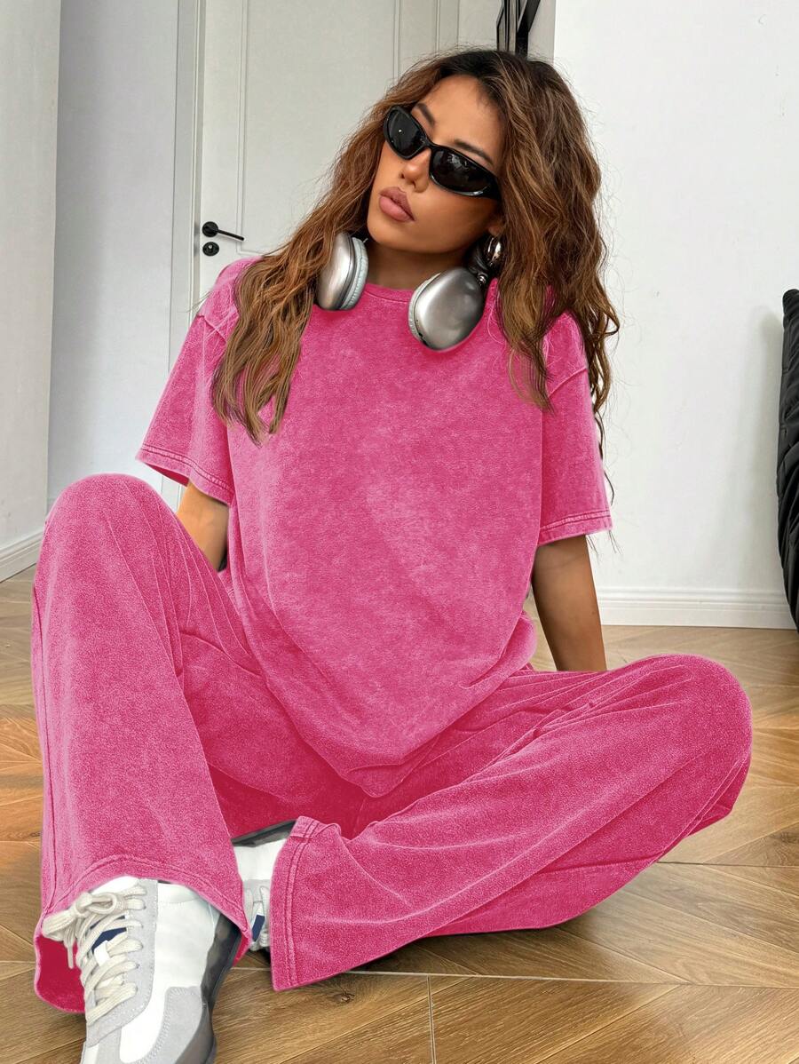 SHEIN EZwear Autumn/Winter Casual Homewear Set: Crew Neck Short Sleeve Top And Straight Leg Distressed Loose Pants