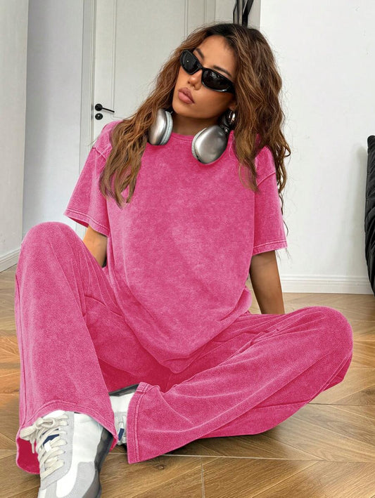 SHEIN EZwear Autumn/Winter Casual Homewear Set: Crew Neck Short Sleeve Top And Straight Leg Distressed Loose Pants