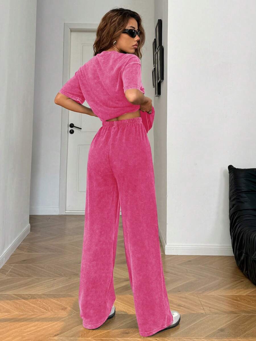 SHEIN EZwear Autumn/Winter Casual Homewear Set: Crew Neck Short Sleeve Top And Straight Leg Distressed Loose Pants