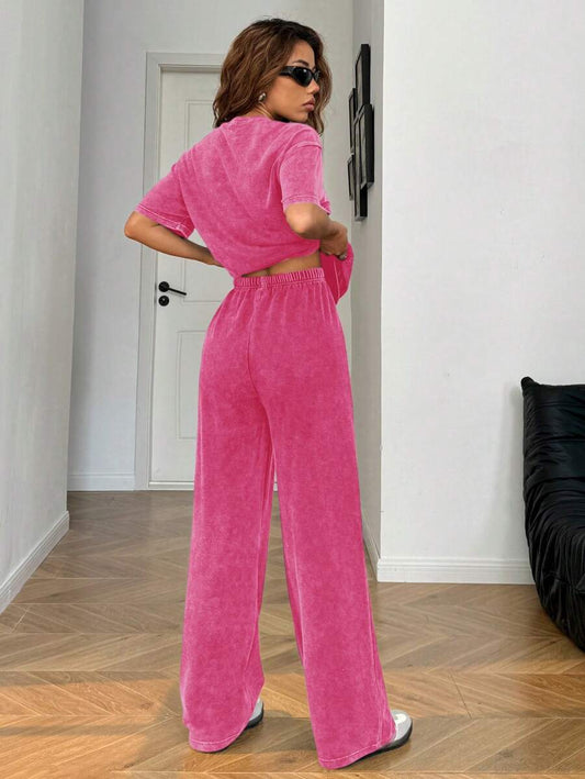 SHEIN EZwear Autumn/Winter Casual Homewear Set: Crew Neck Short Sleeve Top And Straight Leg Distressed Loose Pants