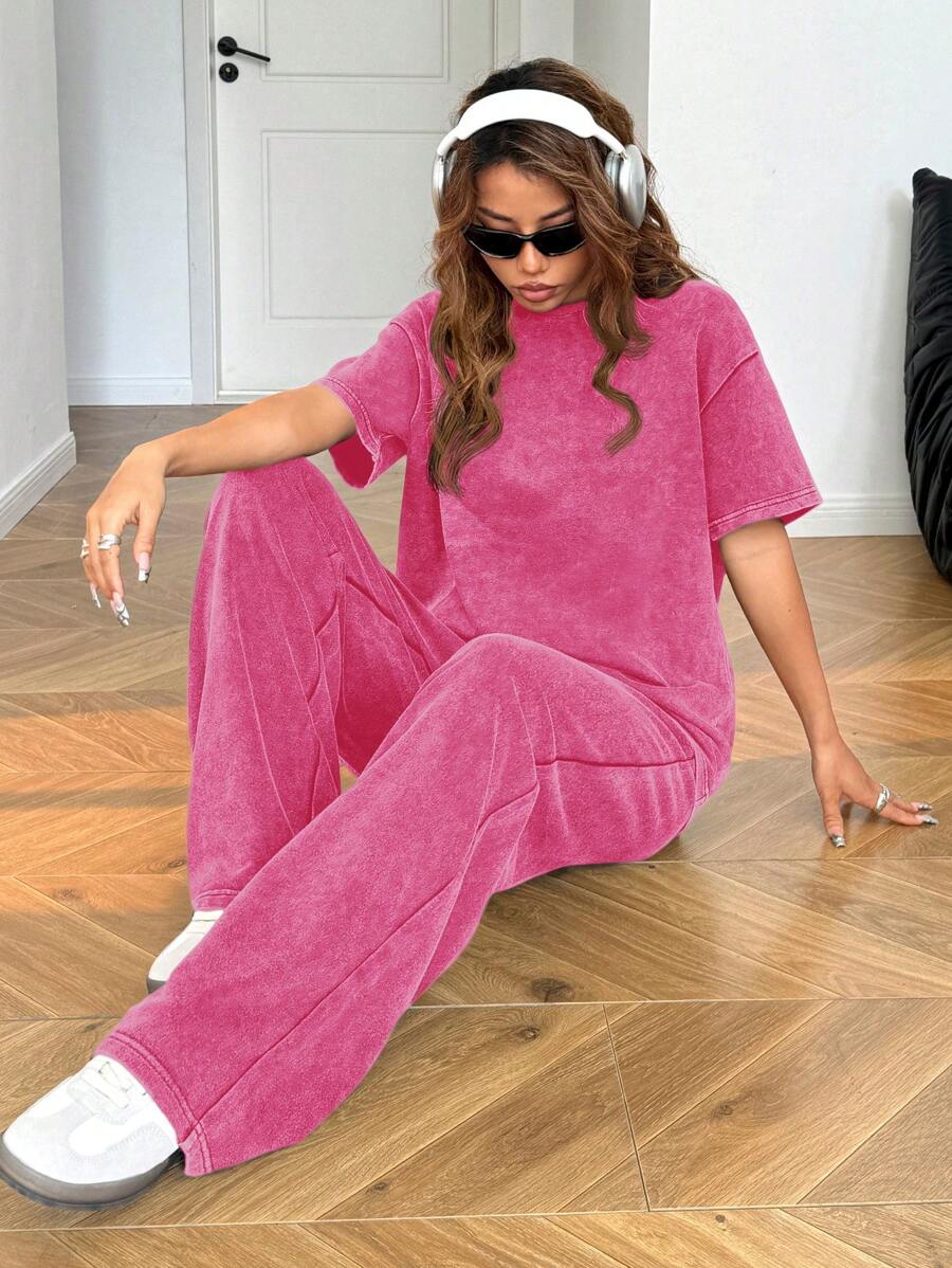 SHEIN EZwear Autumn/Winter Casual Homewear Set: Crew Neck Short Sleeve Top And Straight Leg Distressed Loose Pants