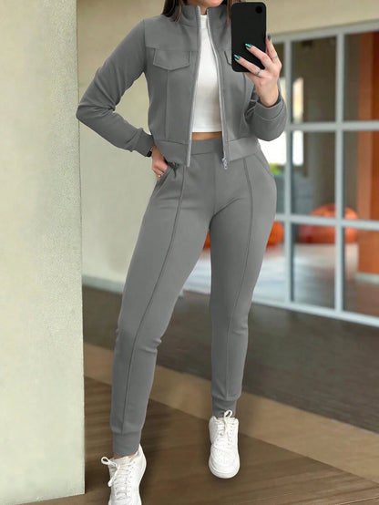 2pcs Women Set In Spring/Autumn/Winter, Minimal Solid Color Versatile Zip Up Short Jacket Tops With Elastic Waist Pocket Skinny Pants Casual Elegant