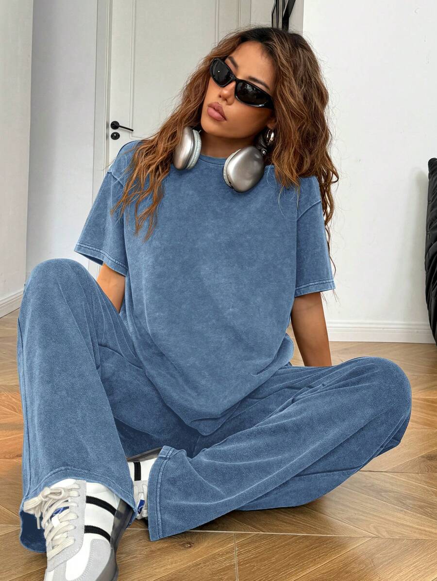 SHEIN EZwear Autumn/Winter Casual Homewear Set: Crew Neck Short Sleeve Top And Straight Leg Distressed Loose Pants