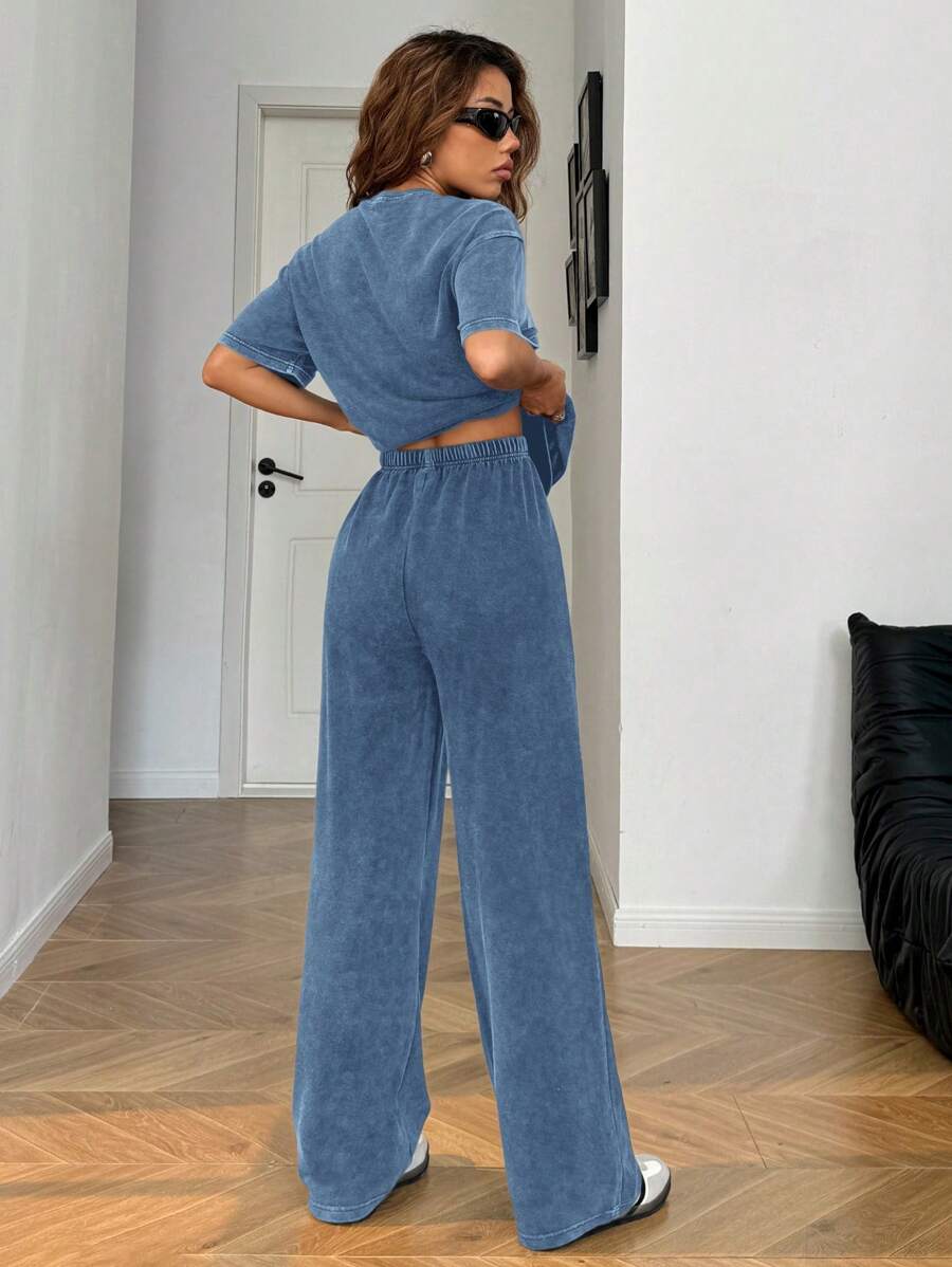 SHEIN EZwear Autumn/Winter Casual Homewear Set: Crew Neck Short Sleeve Top And Straight Leg Distressed Loose Pants