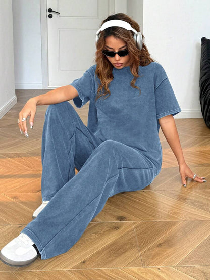 SHEIN EZwear Autumn/Winter Casual Homewear Set: Crew Neck Short Sleeve Top And Straight Leg Distressed Loose Pants