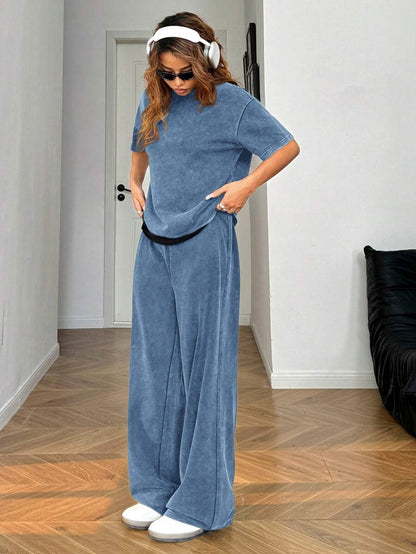 SHEIN EZwear Autumn/Winter Casual Homewear Set: Crew Neck Short Sleeve Top And Straight Leg Distressed Loose Pants