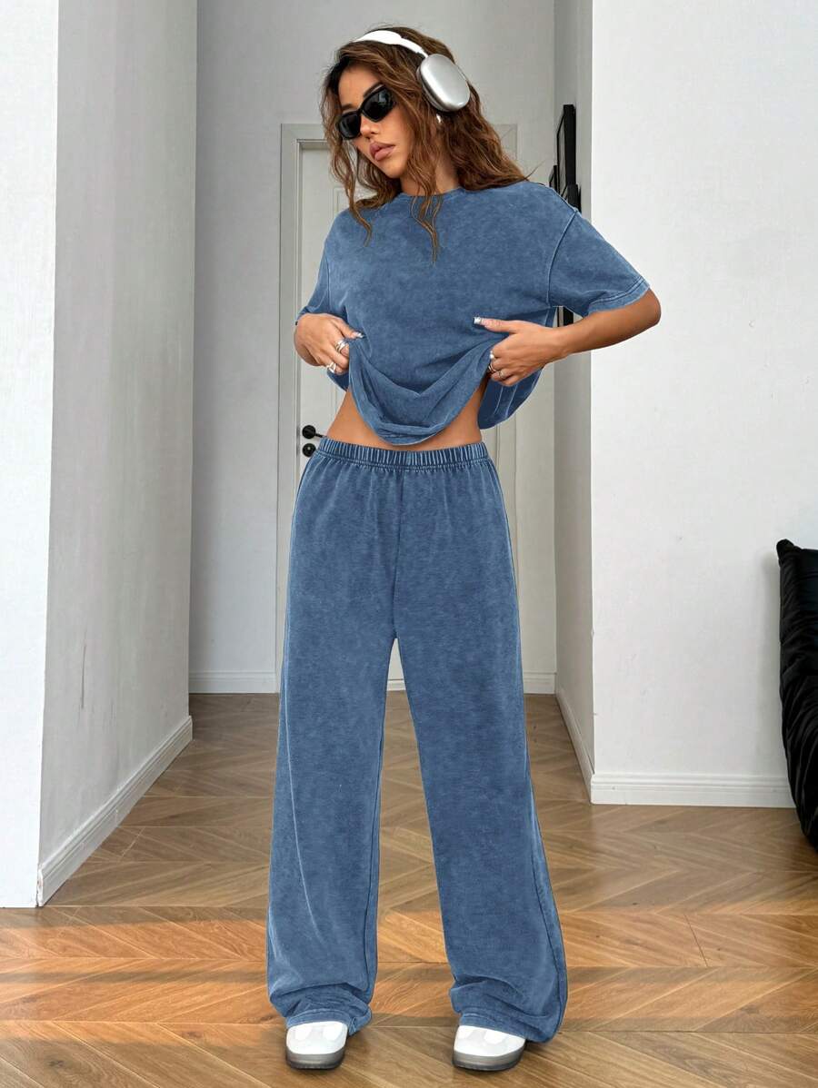 SHEIN EZwear Autumn/Winter Casual Homewear Set: Crew Neck Short Sleeve Top And Straight Leg Distressed Loose Pants