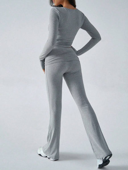 NOIRLYN Women's Autumn/Winter Y2K Casual 2 Pieces Set Sexy Solid Color V-Neck Long Sleeve T-Shirt + High Waist Slim Fit Flare Pants Elegant