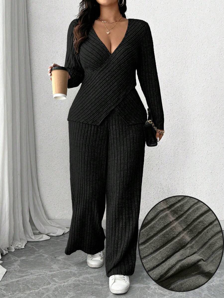 Calvaya Plus Size Soft Knit Fleece Ribbed Fabric Wrap Long Sleeve T-Shirt + Soft Fleece Ribbed Wide Leg Pants Casual Home 2 Pieces Set Fall Cloth For Women