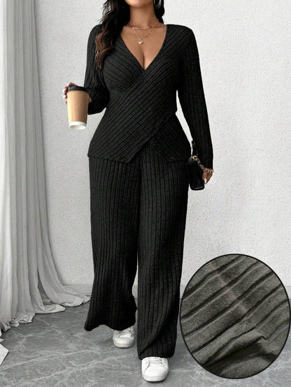 Calvaya Plus Size Soft Knit Fleece Ribbed Fabric Wrap Long Sleeve T-Shirt + Soft Fleece Ribbed Wide Leg Pants Casual Home 2 Pieces Set Fall Cloth For Women