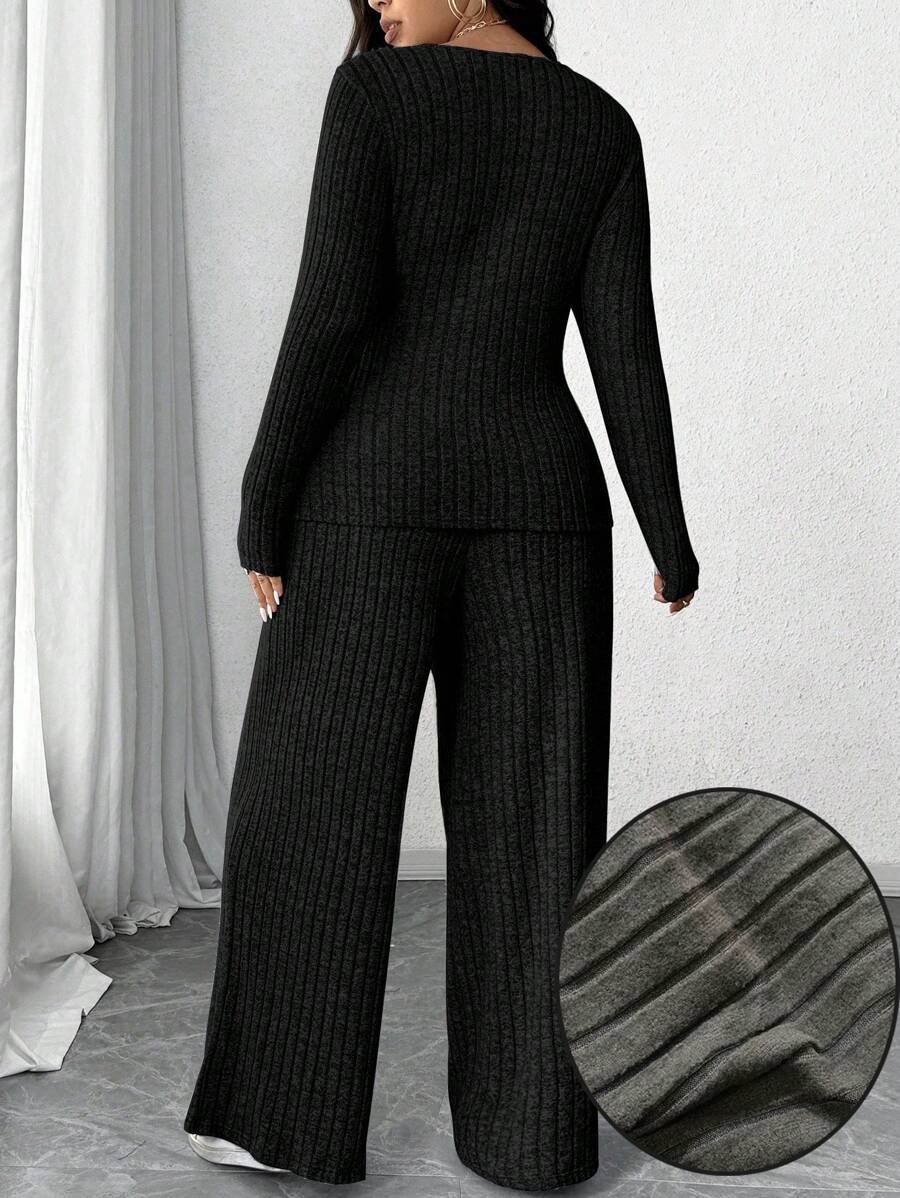 Calvaya Plus Size Soft Knit Fleece Ribbed Fabric Wrap Long Sleeve T-Shirt + Soft Fleece Ribbed Wide Leg Pants Casual Home 2 Pieces Set Fall Cloth For Women