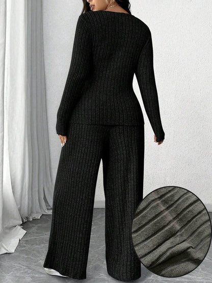 Calvaya Plus Size Soft Knit Fleece Ribbed Fabric Wrap Long Sleeve T-Shirt + Soft Fleece Ribbed Wide Leg Pants Casual Home 2 Pieces Set Fall Cloth For Women