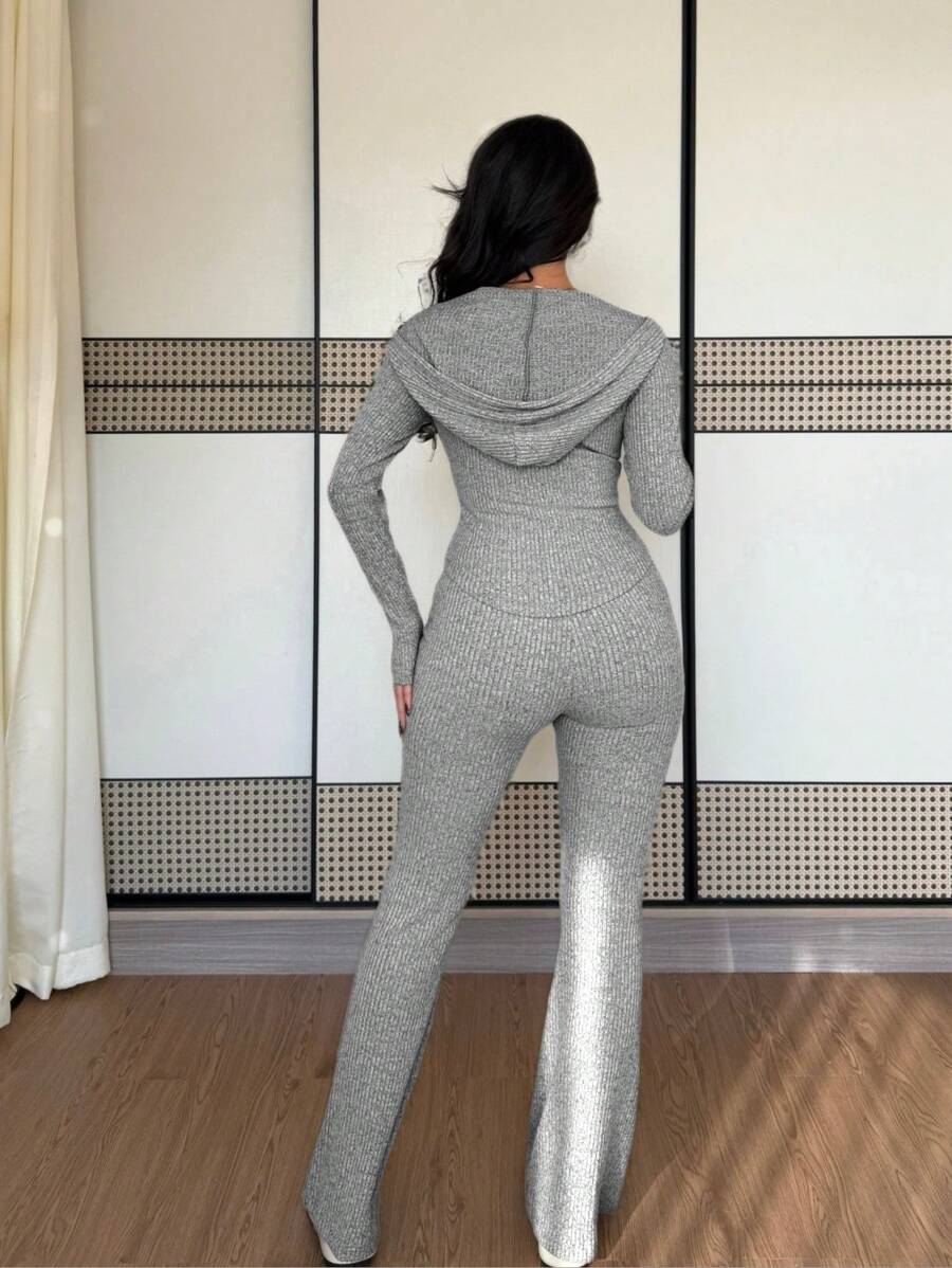 SHEIN Raffinéa Casual Hooded Cinched Waist Pocket Jacket And Flare Ribbed Knit Pants 2 Pieces Set For Women, Versatile Daily Wear, Autumn/Winter Fall Cloth For Women