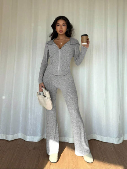 SHEIN Raffinéa Casual Hooded Cinched Waist Pocket Jacket And Flare Ribbed Knit Pants 2 Pieces Set For Women, Versatile Daily Wear, Autumn/Winter Fall Cloth For Women