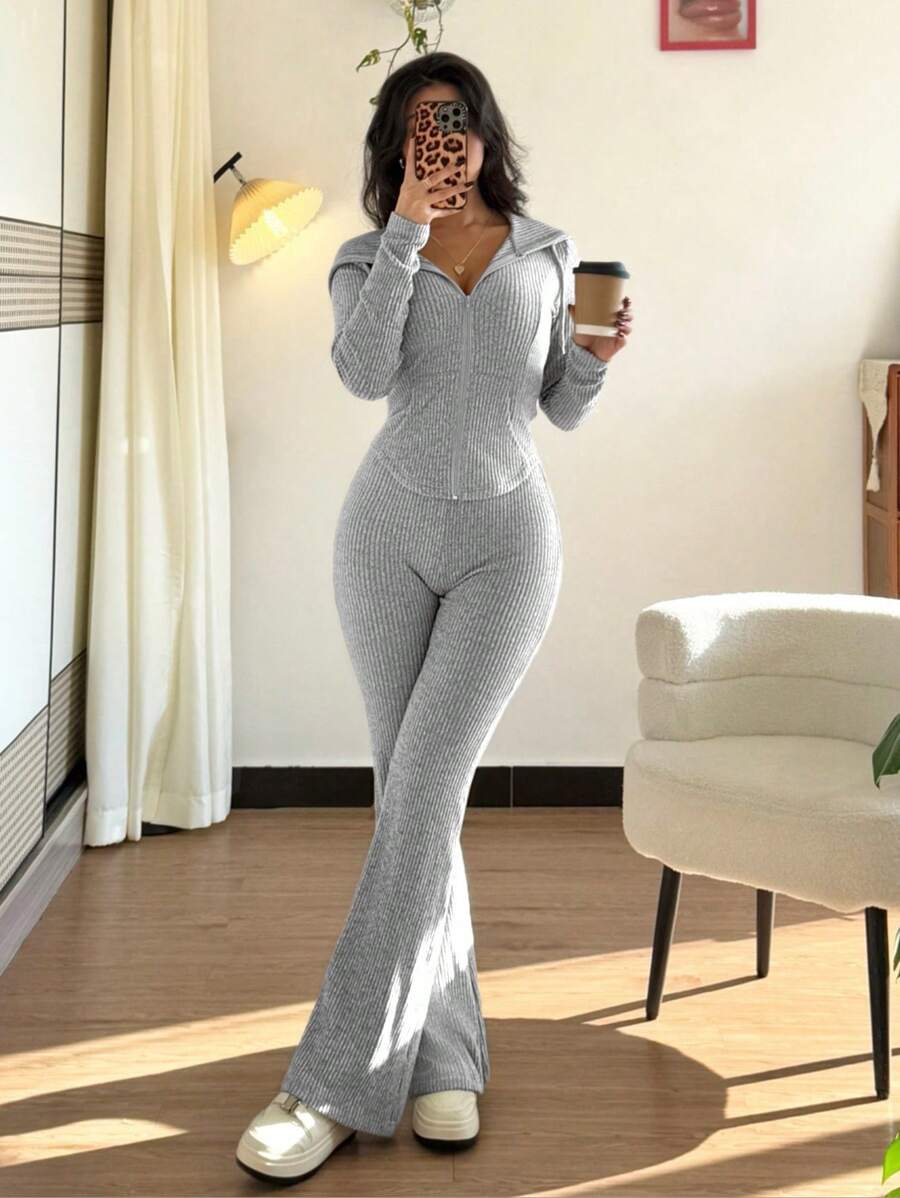 SHEIN Raffinéa Casual Hooded Cinched Waist Pocket Jacket And Flare Ribbed Knit Pants 2 Pieces Set For Women, Versatile Daily Wear, Autumn/Winter Fall Cloth For Women