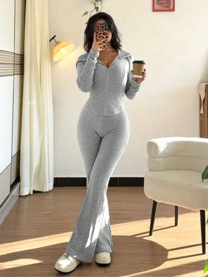 SHEIN Raffinéa Casual Hooded Cinched Waist Pocket Jacket And Flare Ribbed Knit Pants 2 Pieces Set For Women, Versatile Daily Wear, Autumn/Winter Fall Cloth For Women