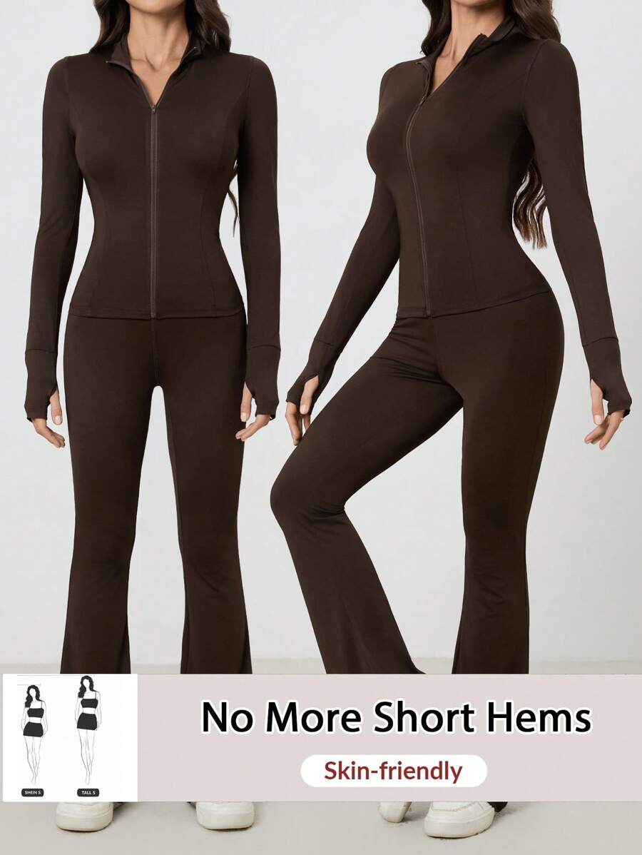 SHEIN Tall Women Shades Of Brown Long Sleeve Top And Fitted Pants 2 Pieces Set, Tall Women Gym Workout Autumn Casual