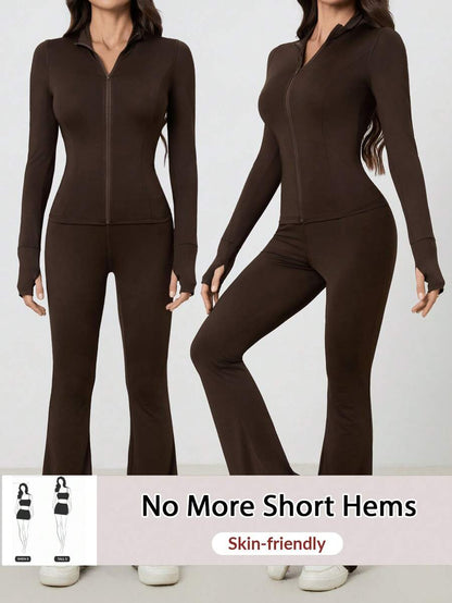 SHEIN Tall Women Shades Of Brown Long Sleeve Top And Fitted Pants 2 Pieces Set, Tall Women Gym Workout Autumn Casual