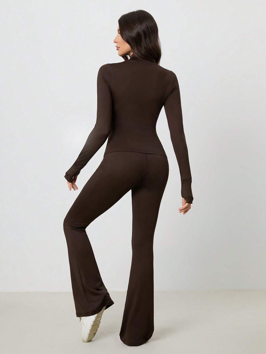 SHEIN Tall Women Shades Of Brown Long Sleeve Top And Fitted Pants 2 Pieces Set, Tall Women Gym Workout Autumn Casual