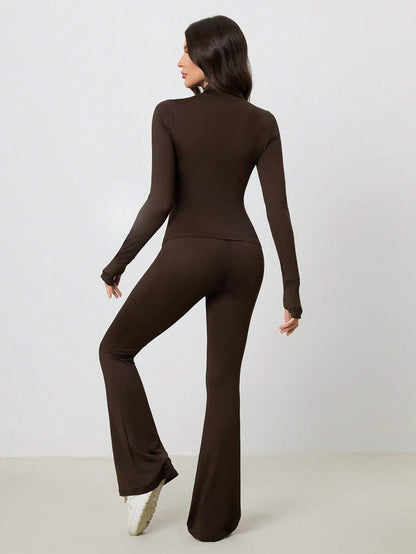 SHEIN Tall Women Shades Of Brown Long Sleeve Top And Fitted Pants 2 Pieces Set, Tall Women Gym Workout Autumn Casual