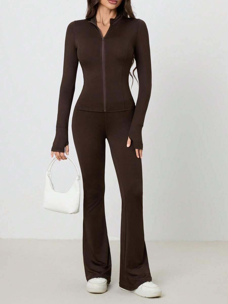 SHEIN Tall Women Shades Of Brown Long Sleeve Top And Fitted Pants 2 Pieces Set, Tall Women Gym Workout Autumn Casual