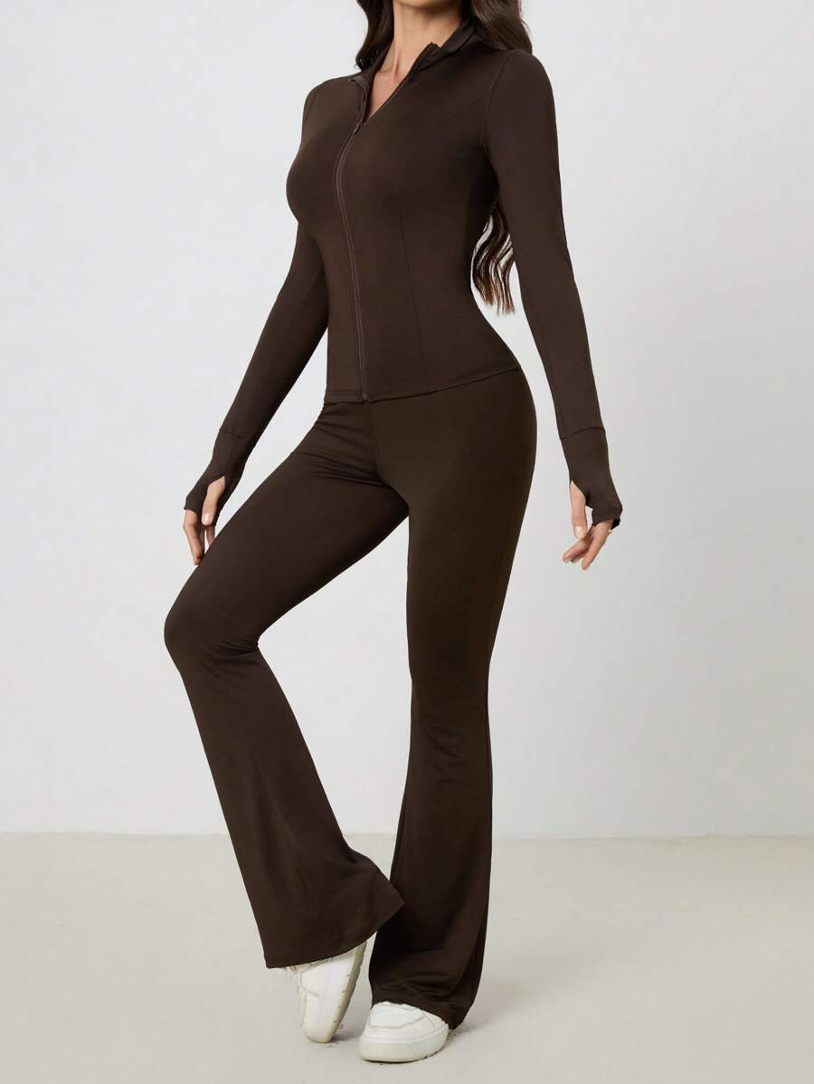 SHEIN Tall Women Shades Of Brown Long Sleeve Top And Fitted Pants 2 Pieces Set, Tall Women Gym Workout Autumn Casual
