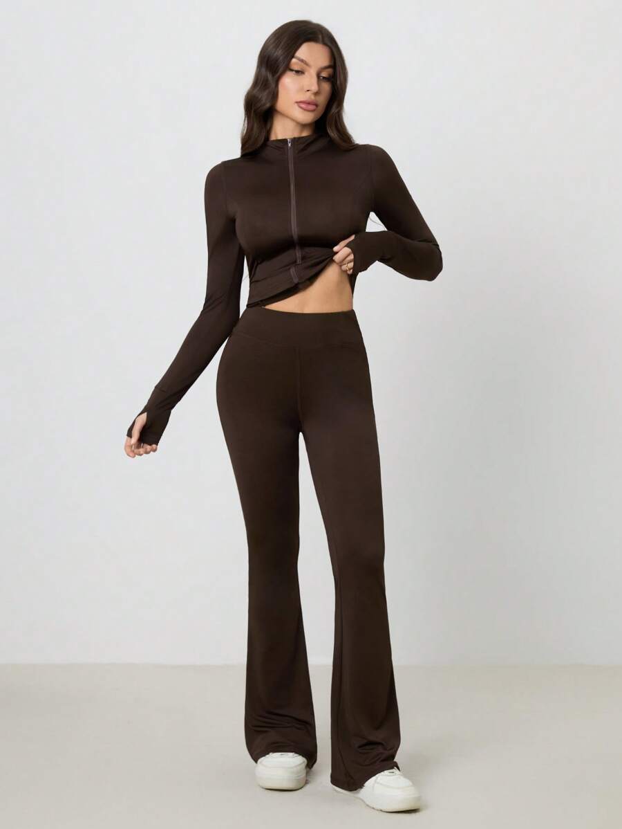 SHEIN Tall Women Shades Of Brown Long Sleeve Top And Fitted Pants 2 Pieces Set, Tall Women Gym Workout Autumn Casual
