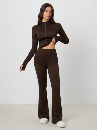 SHEIN Tall Women Shades Of Brown Long Sleeve Top And Fitted Pants 2 Pieces Set, Tall Women Gym Workout Autumn Casual