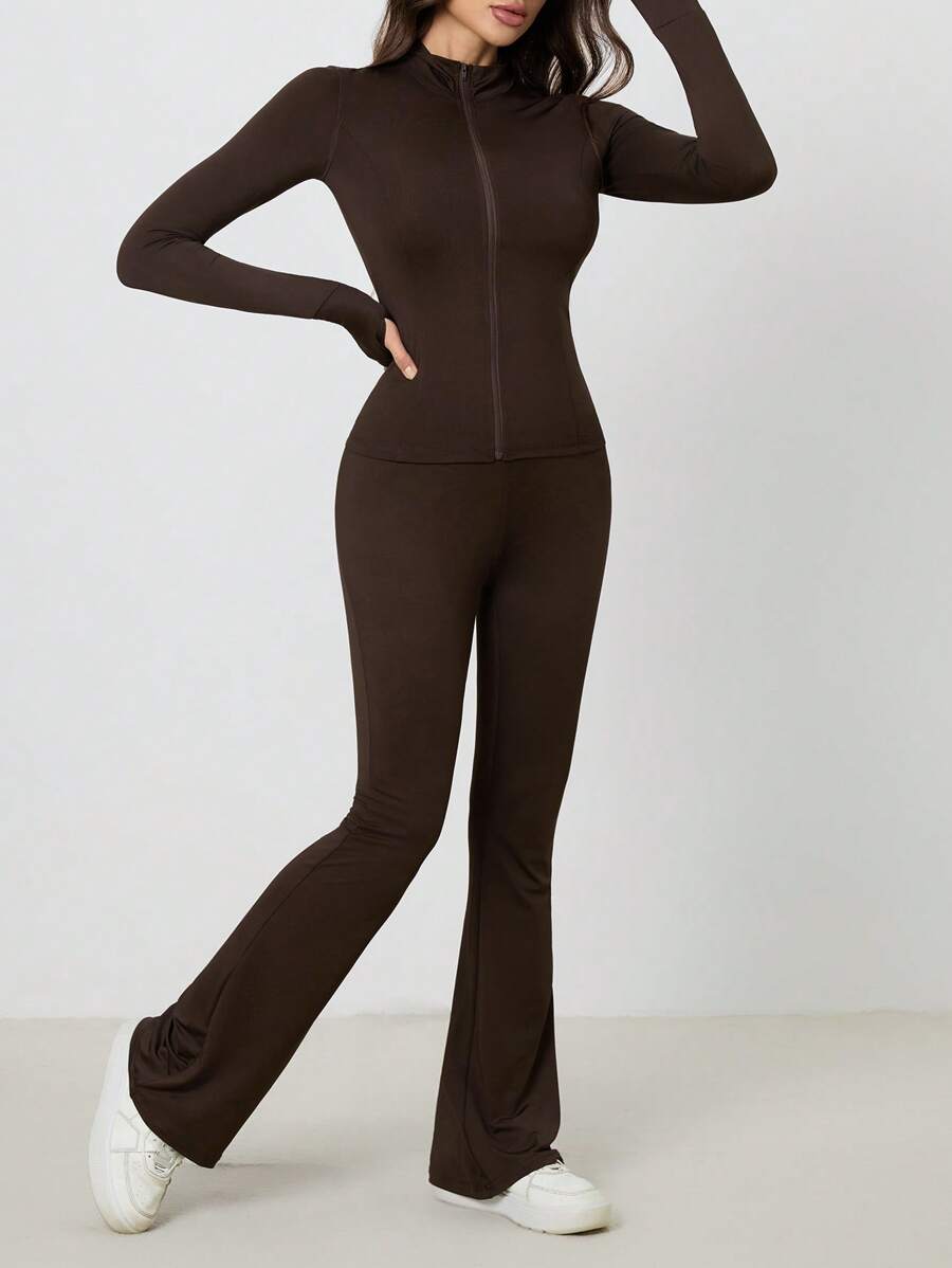 SHEIN Tall Women Shades Of Brown Long Sleeve Top And Fitted Pants 2 Pieces Set, Tall Women Gym Workout Autumn Casual