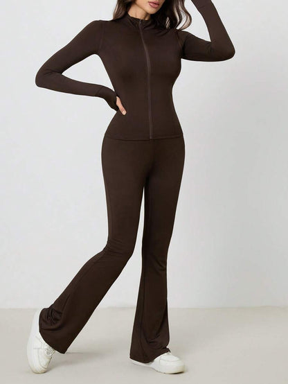SHEIN Tall Women Shades Of Brown Long Sleeve Top And Fitted Pants 2 Pieces Set, Tall Women Gym Workout Autumn Casual