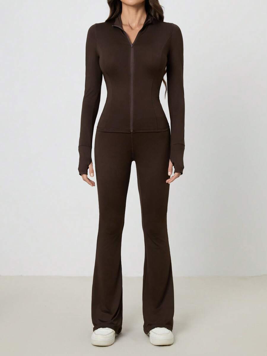 SHEIN Tall Women Shades Of Brown Long Sleeve Top And Fitted Pants 2 Pieces Set, Tall Women Gym Workout Autumn Casual