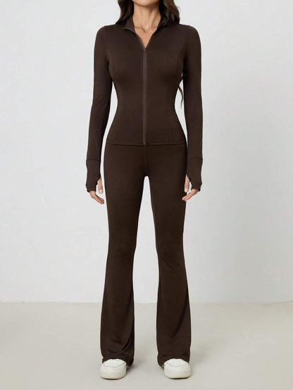 SHEIN Tall Women Shades Of Brown Long Sleeve Top And Fitted Pants 2 Pieces Set, Tall Women Gym Workout Autumn Casual